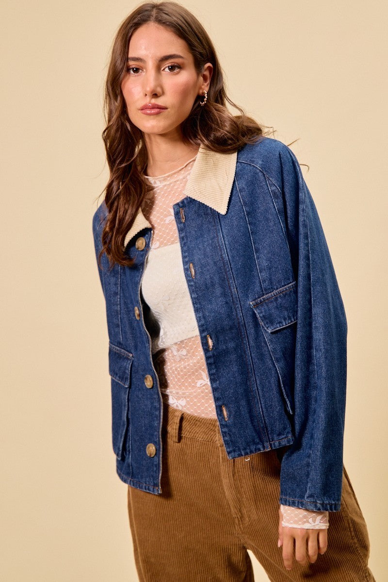 SO ME zip up denim jacket with beige shearling collar and gold buttons
