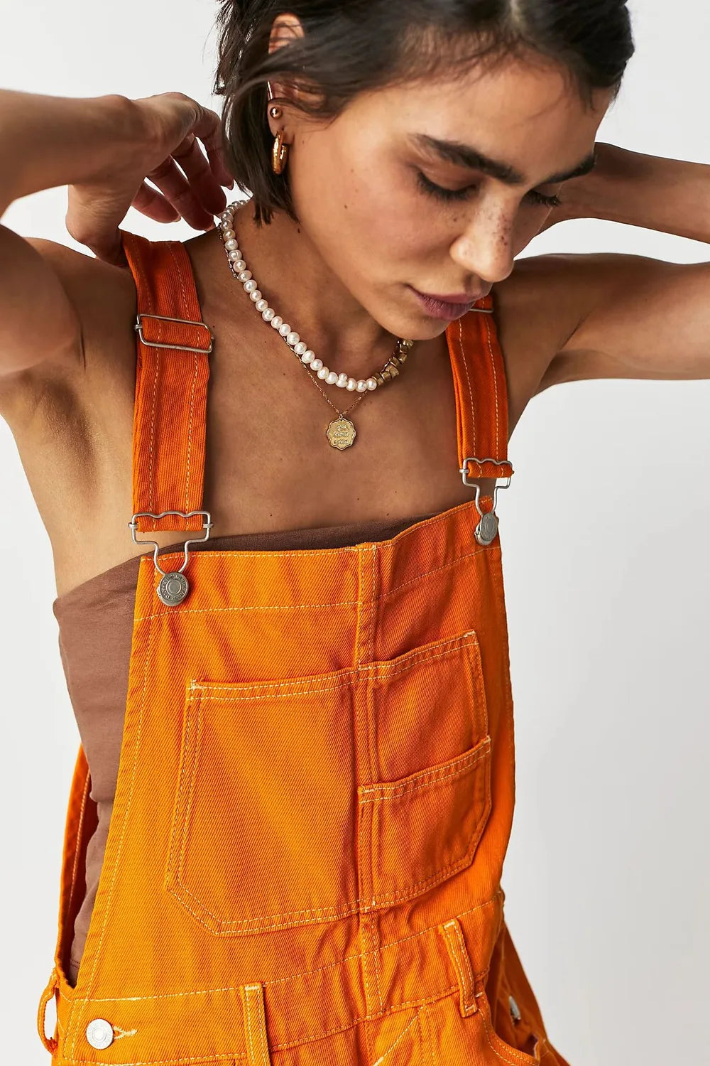 Bright orange corduroy Daverri square neck shortalls with pockets