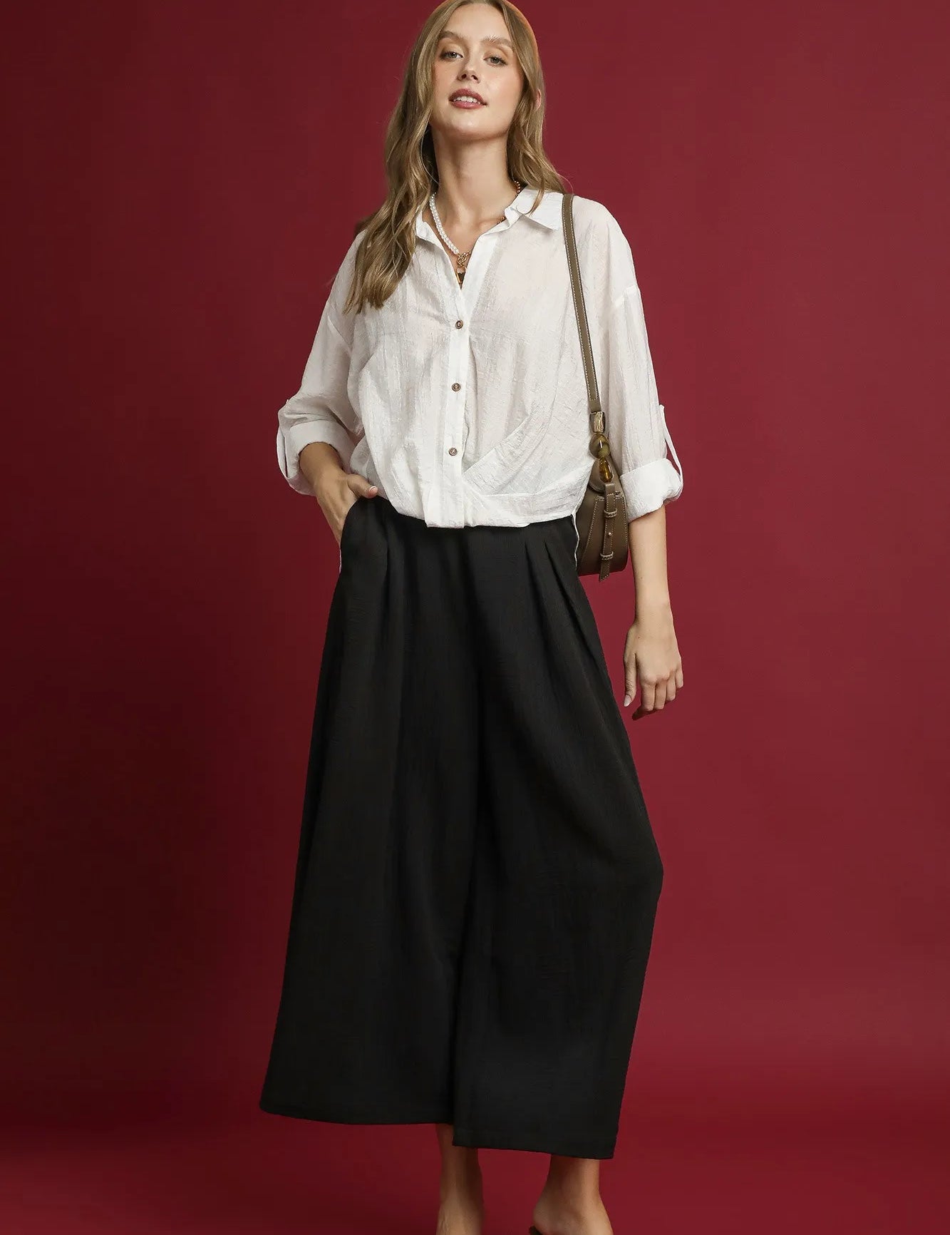Black Umgee Elastic Waist Wide Leg Pants | Pants Daverri Fashions