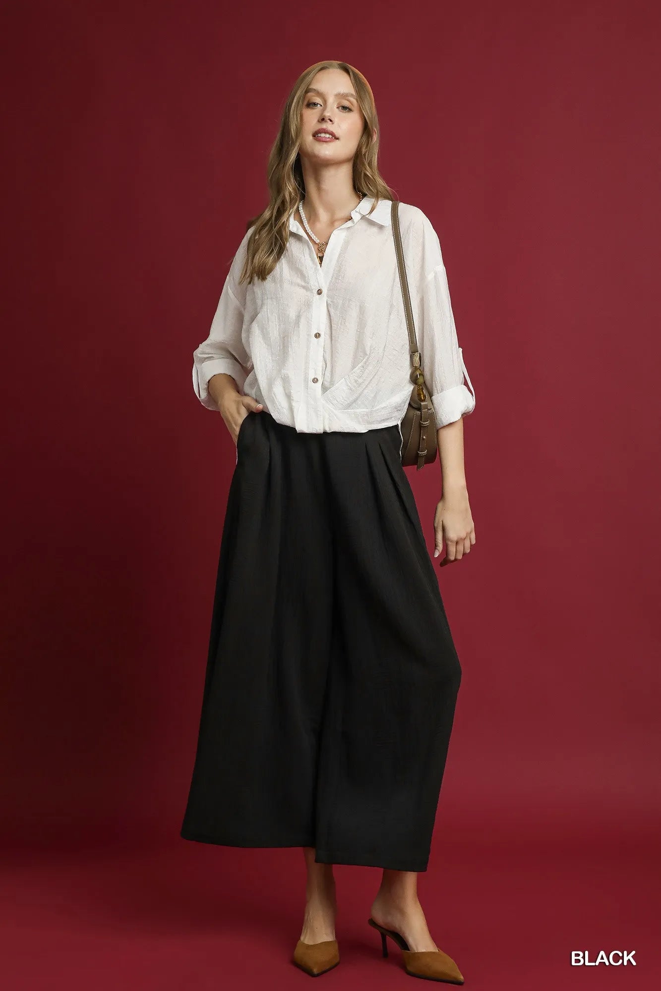 Umgee Elastic Waist Wide Leg Pants Black