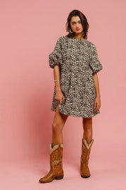 BiBi Leopard Denim Dress With Back Contrast Tie Detail | Daverri Fashions