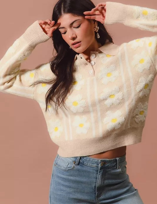 SO ME Floral Stripe Polo Collar Sweater | Sweaters Daverri Fashions