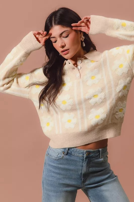 SO ME Floral Stripe Polo Collar Sweater | Sweaters Daverri Fashions