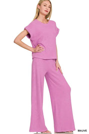 MAUVE Zenana Rolled Sleeve Top and Pants Sweater Set | Outfit Sets Daverri Fashions