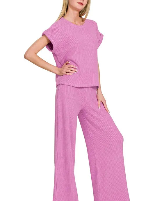 MAUVE Zenana Rolled Sleeve Top and Pants Sweater Set | Outfit Sets Daverri Fashions