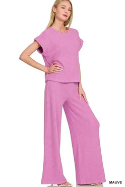 Zenana Rolled Sleeve Top and Pants Sweater Set - DAVERRI FASHIONS
