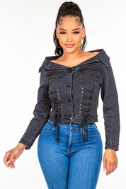 Black American Bazi Off Shoulder Lace Up Denim Jacket | Denim Jackets Daverri Fashions