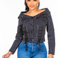 American Bazi Off Shoulder Lace Up Denim Jacket - DAVERRI FASHIONS