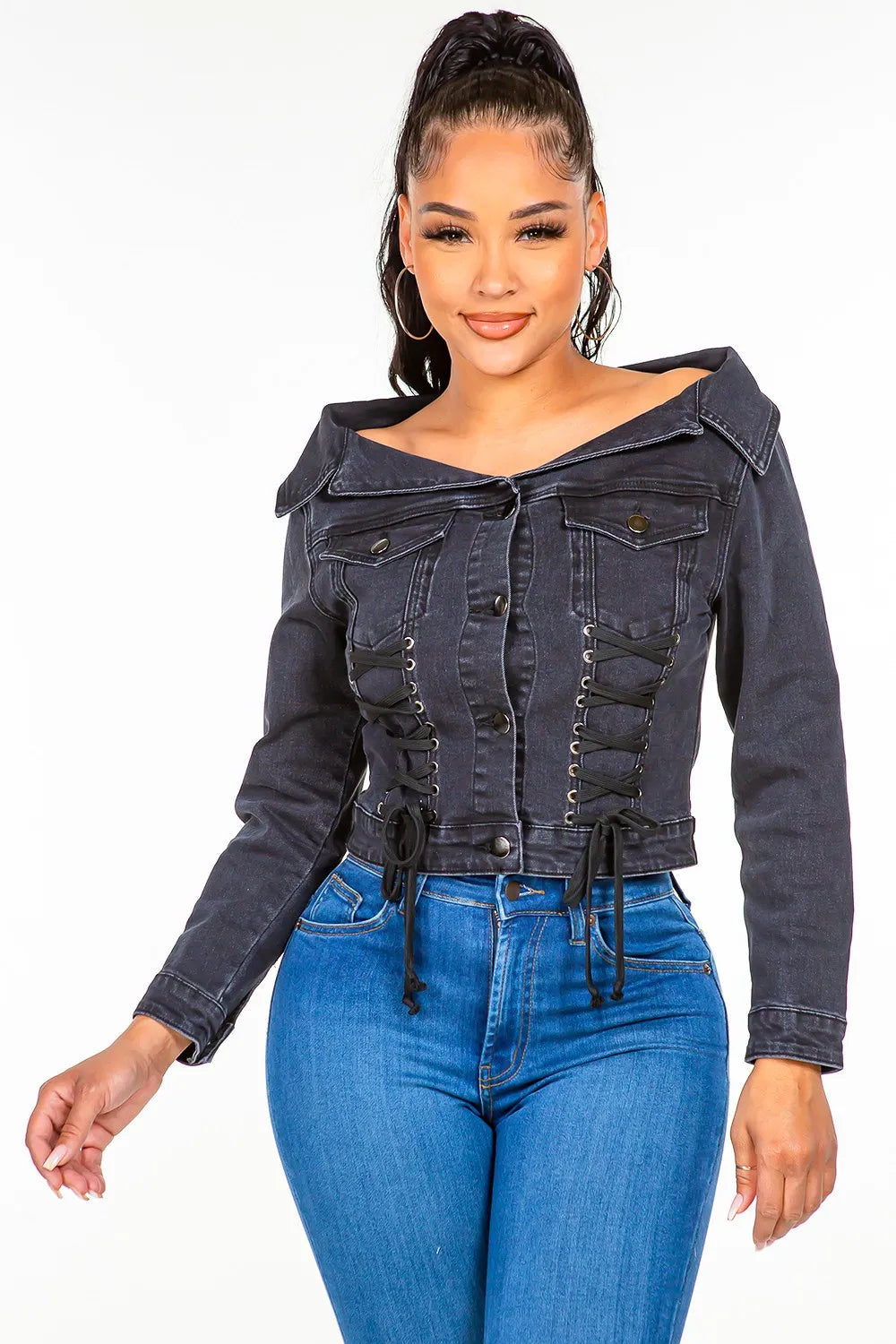 American Bazi Off Shoulder Lace Up Denim Jacket Black Denim Jackets