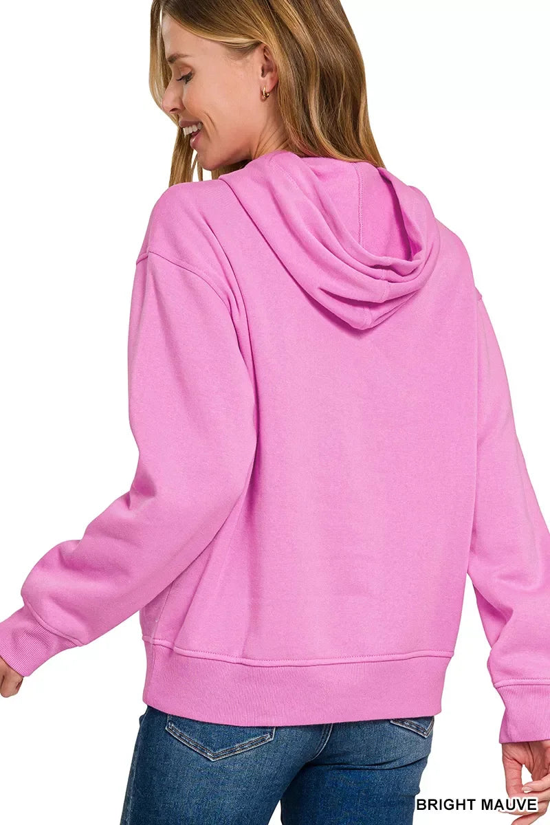 Zenana Fleece Kangaroo Pocket Hoodie in bright mauve