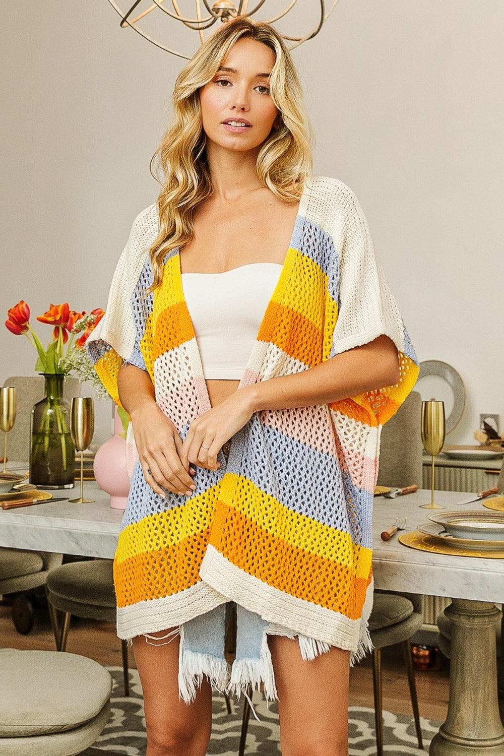 BiBi Openwork Striped Open Front Knit Cardigan | Cardigans Daverri Fashions