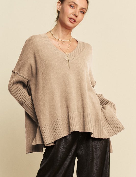 Davi & Dani Ribbed Side Slit V-Neck Sweater Tan Tops