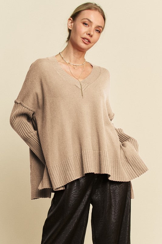 Davi & Dani Ribbed Side Slit V-Neck Sweater Tan Tops