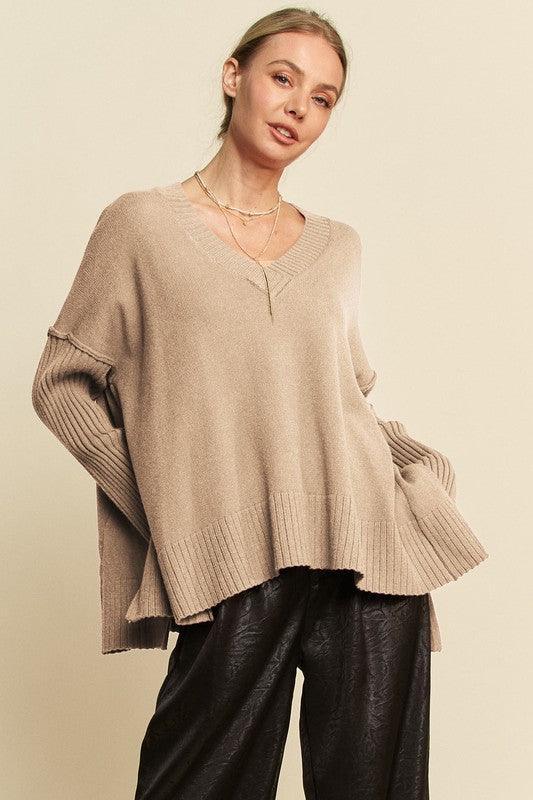 Davi & Dani Ribbed Side Slit V-Neck Sweater - DAVERRI FASHIONS