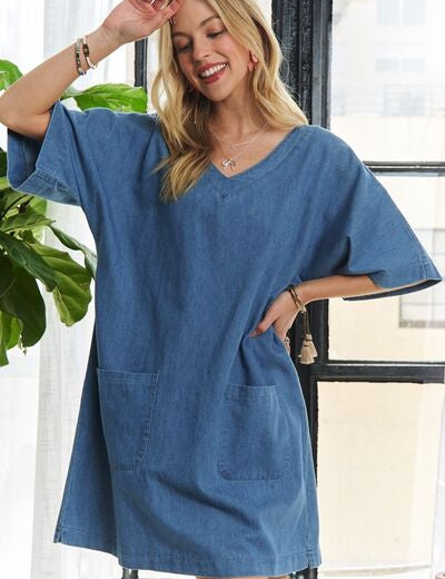 ADORA V-Neck Half Sleeve Mini Denim Dress Peacock Blue S