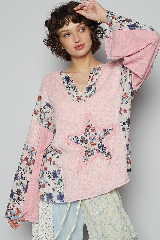 POL Floral Stud Detail Star Patch Notched Long Sleeve T-Shirt T-Shirts