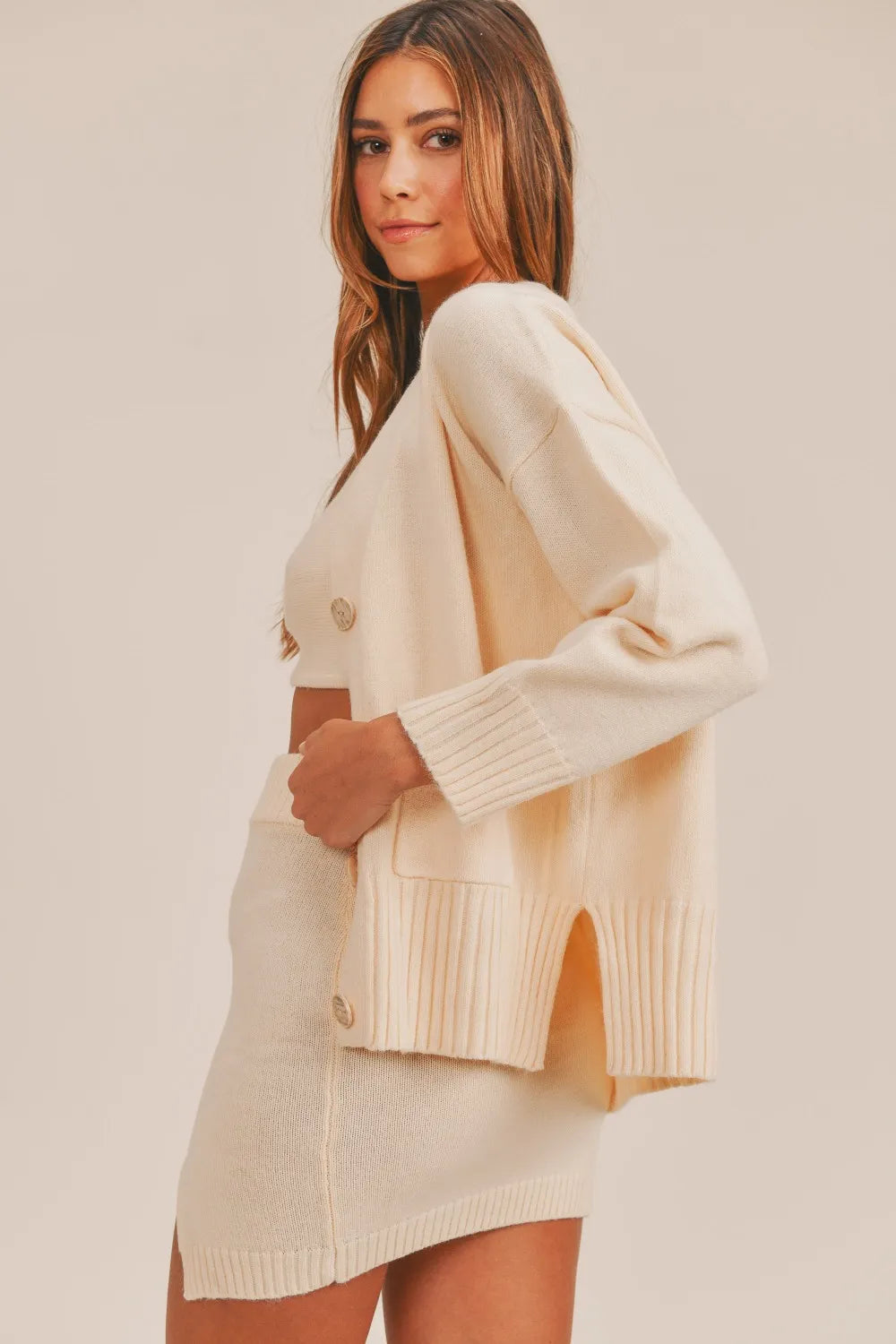 MABLE 3 Pieces Sweater Set with Crop Cami, Mini Skirt, Cardigan Skirt Sets