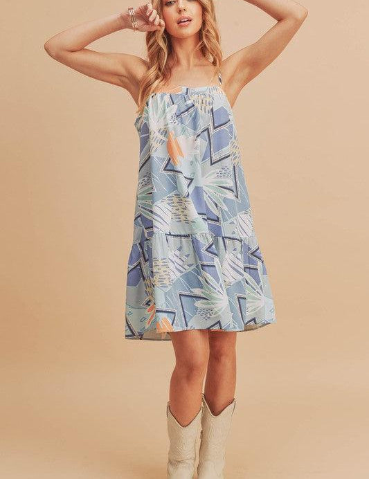 Light Blue Aemi + Co Printed Ruffled Hem Square Neck Mini Cami Dress | Daverri Fashions