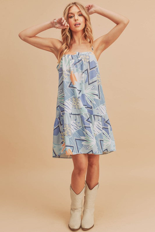 Aemi + Co Printed Ruffled Hem Square Neck Mini Cami Dress Light Blue