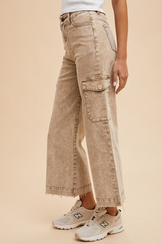 Annie Wear Raw Hem Wide Leg Jeans with Cargo Pockets