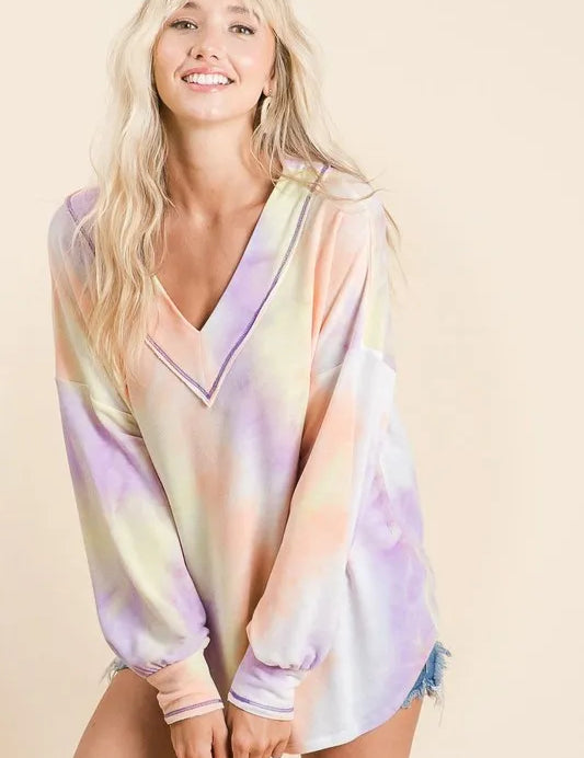 BiBi Tie Dye French Terry V-Neck Top with Puff Sleeves | Tops Daverri Fashions