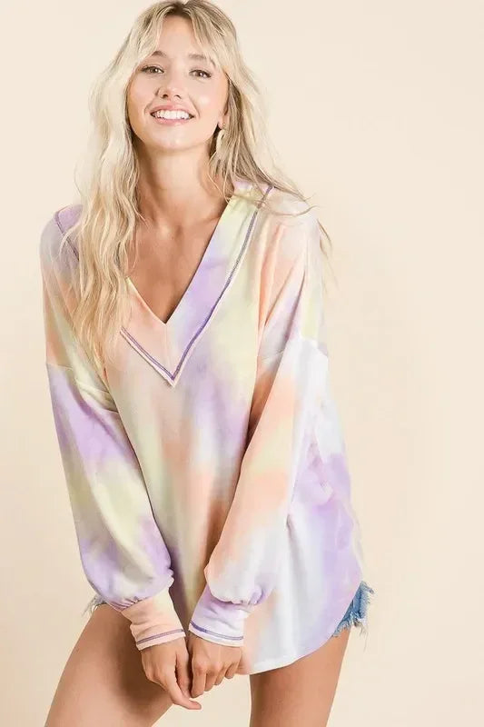 BiBi Tie Dye French Terry V-Neck Top with Puff Sleeves - DAVERRI FASHIONS