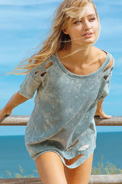 BiBi Laser Cut Mineral Washed Loose Fit Thermal Top | Tops Daverri Fashions