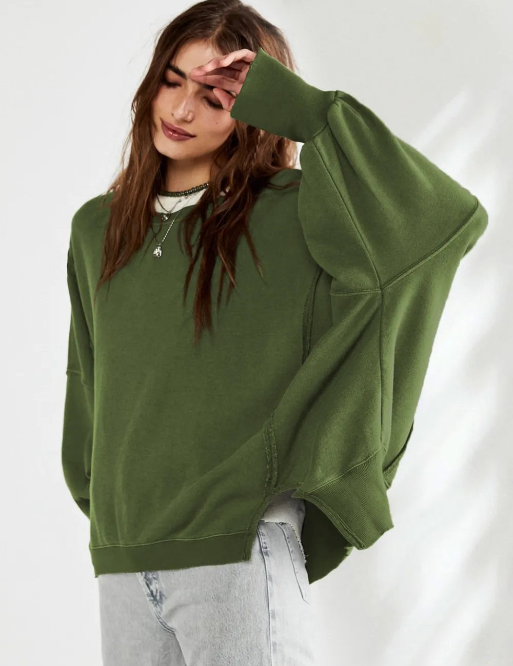 Slit Round Neck Dropped Shoulder Sweatshirt | Sweatshirts Daverri Fashions