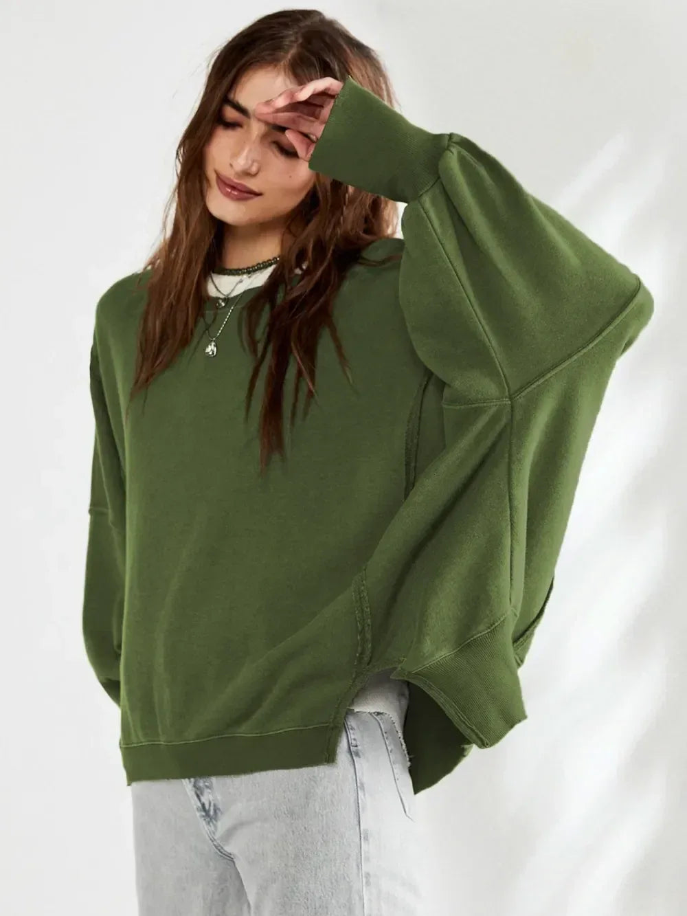 Slit Round Neck Dropped Shoulder Sweatshirt - DAVERRI FASHIONS