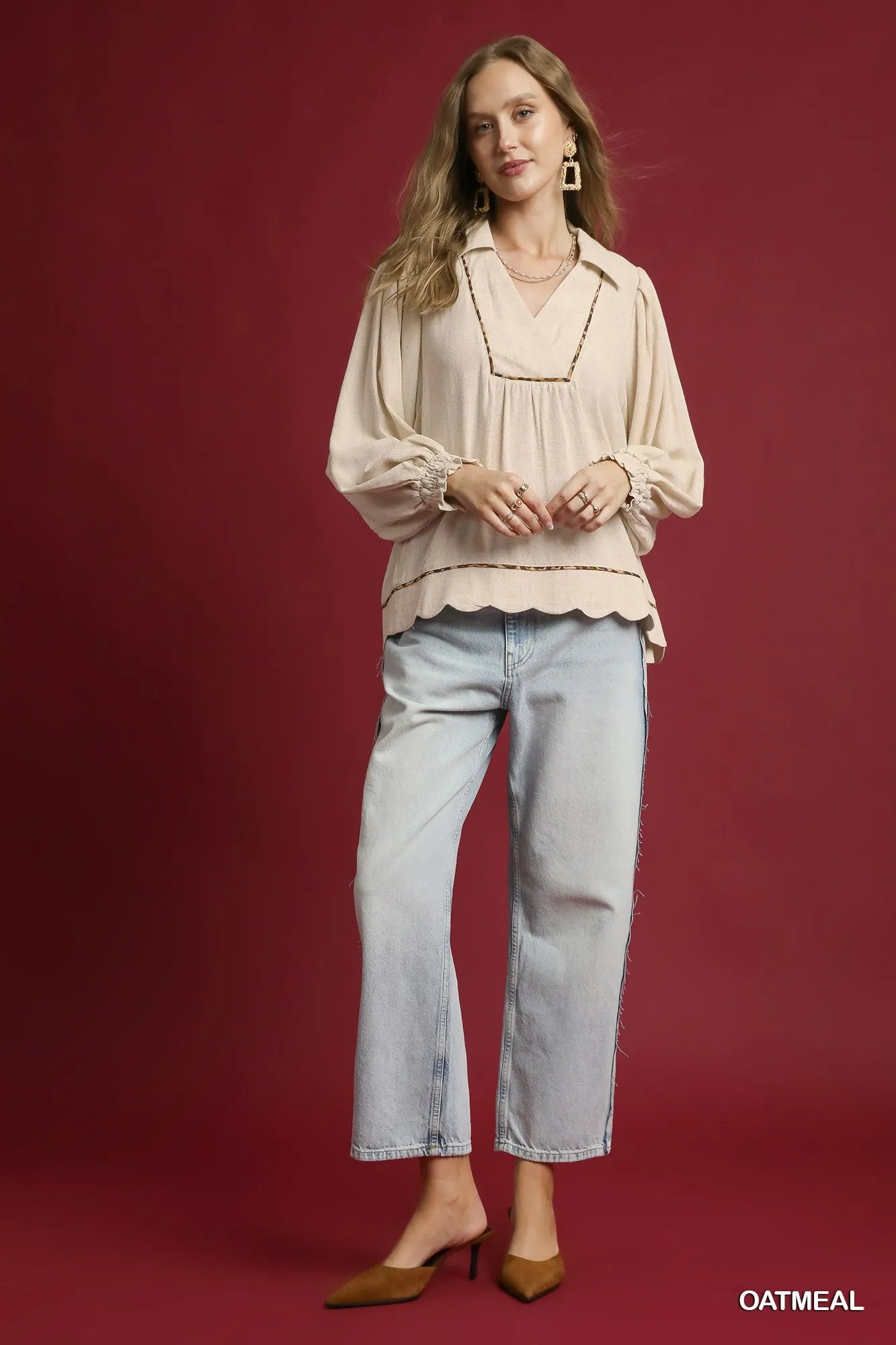 Umgee Full Size Linen Scallop Hem Blouse with Contrast Trim Plus Size | Daverri Fashions