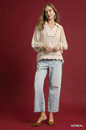 Umgee Full Size Linen Scallop Hem Blouse with Contrast Trim Plus Size | Daverri Fashions