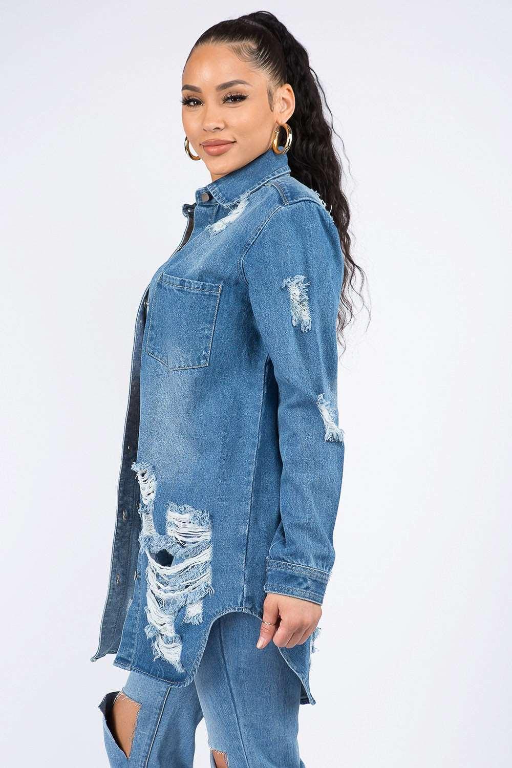 American Bazi Distressed Denim Shirt Jacket Denim Jackets