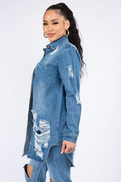 American Bazi Distressed Button Down Denim Shirt Jacket