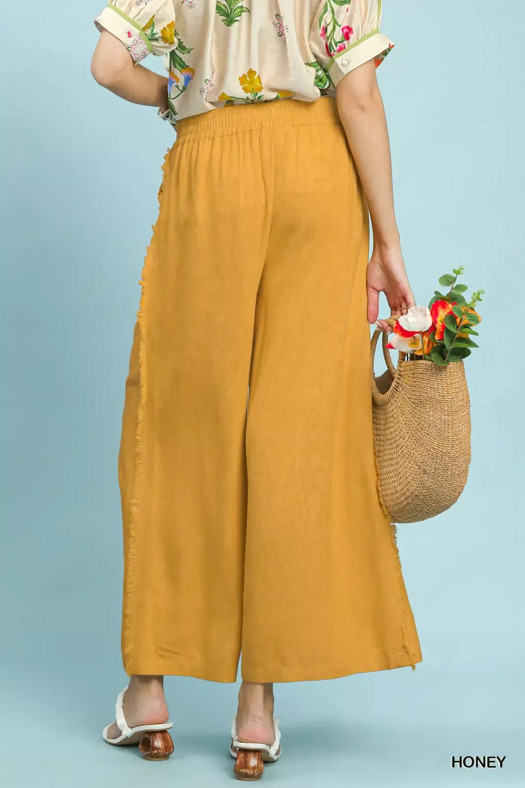 Umgee honey-colored linen frayed wide-leg pants with pockets