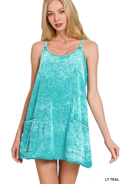 Light teal velvet tank mini dress with front pockets and romper liner