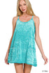 Light teal velvet tank mini dress with front pockets and romper liner