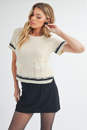 Aemi + Co Round Neck Short Sleeve Tweed Sweater