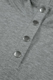 Heather gray henley shirt with silver buttons in hoodie