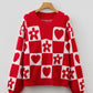 Daverri Floral Heart Checkered V-Neck Sweater with red and white checks