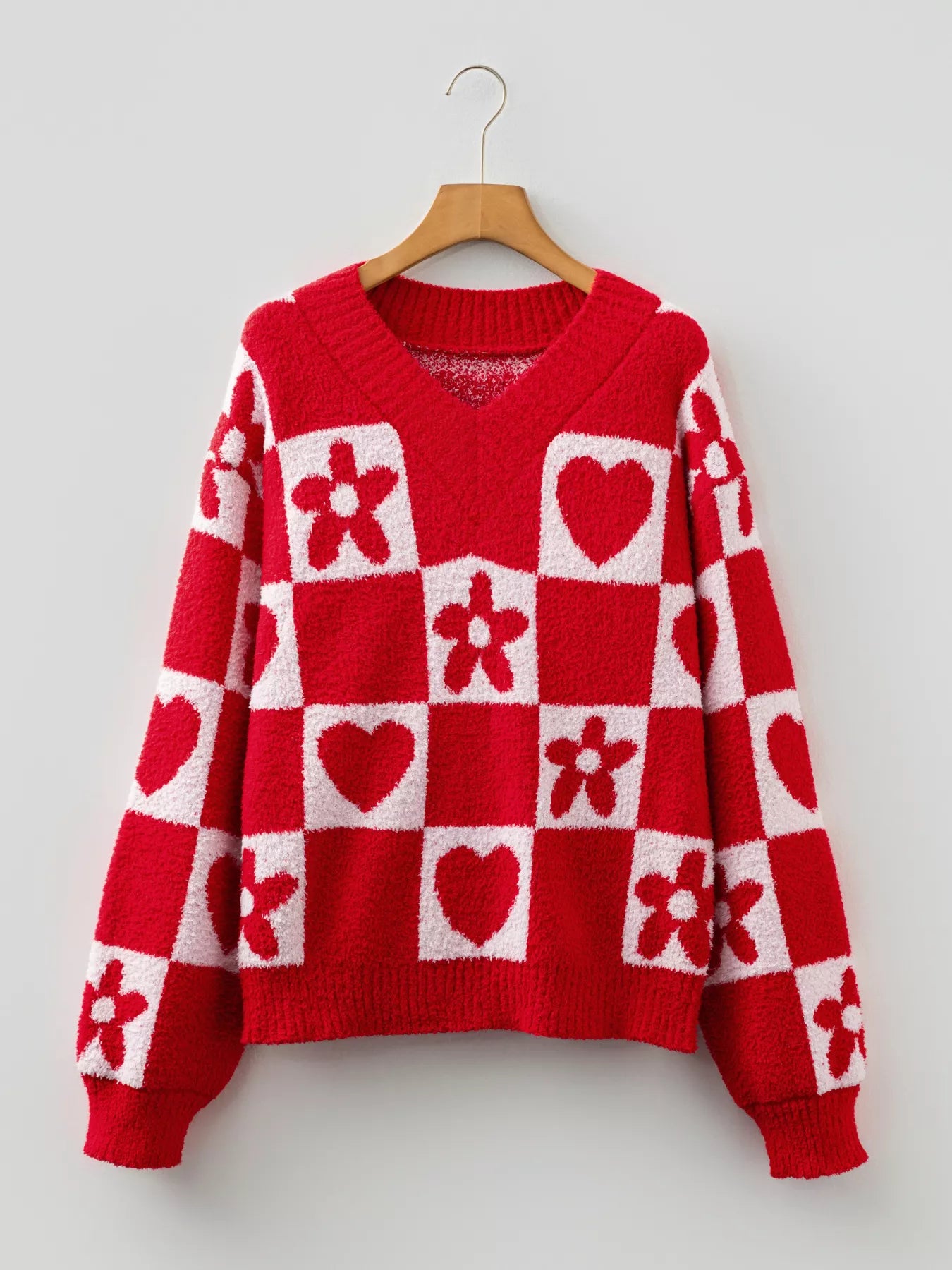 Daverri Floral Heart Checkered V-Neck Sweater with red and white checks