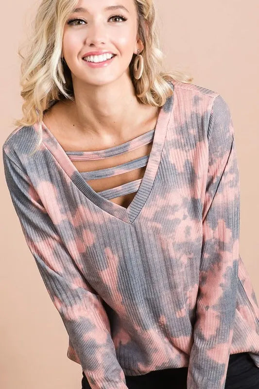 BiBi Variegated Tie Dye Rib V-Neck Top with Strapped