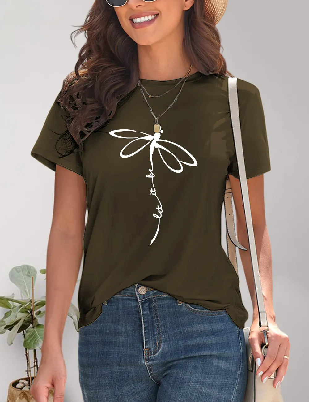 Olive green dragonfly print t-shirt with lace trim and short sleeves