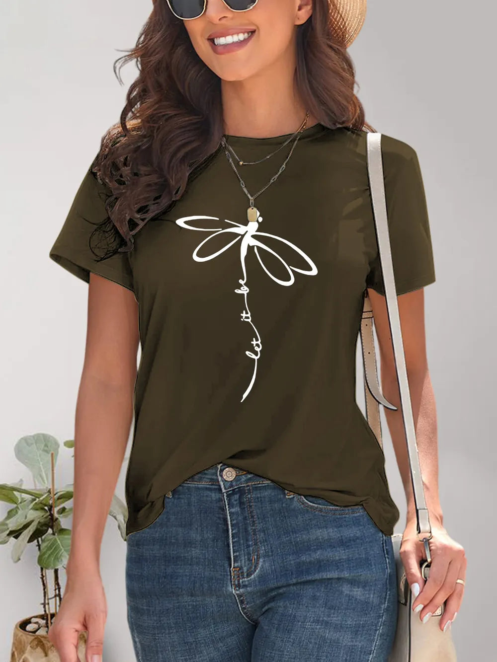 Olive green dragonfly print t-shirt with lace trim and short sleeves
