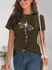 Olive green dragonfly print t-shirt with lace trim and short sleeves