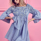 BiBi Smocked Off-Shoulder Striped Dress in blue and white
