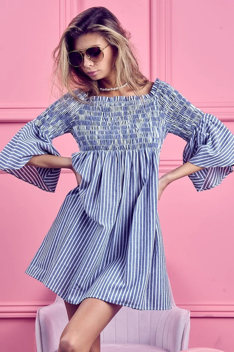 BiBi Smocked Off-Shoulder Striped Dress in blue and white