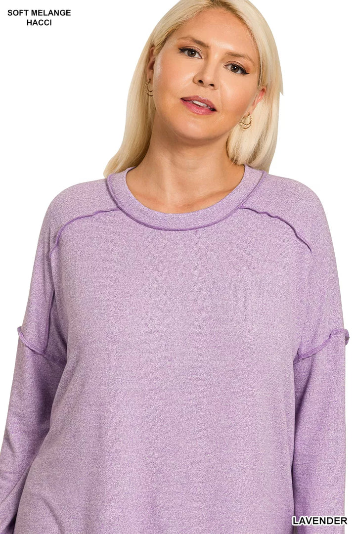 Zenana Full Size Melange Hacci Exposed Seam Hi-low Tee Plus Size | T-Shirts Daverri Fashions