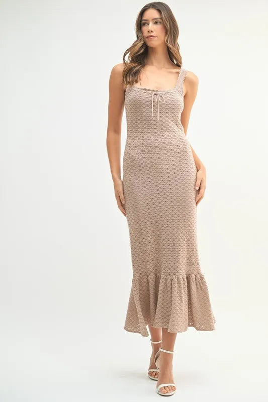 MABLE Ruffled Hem Sleeveless Crochet Knit Midi Dress | Midi Dresses Daverri Fashions