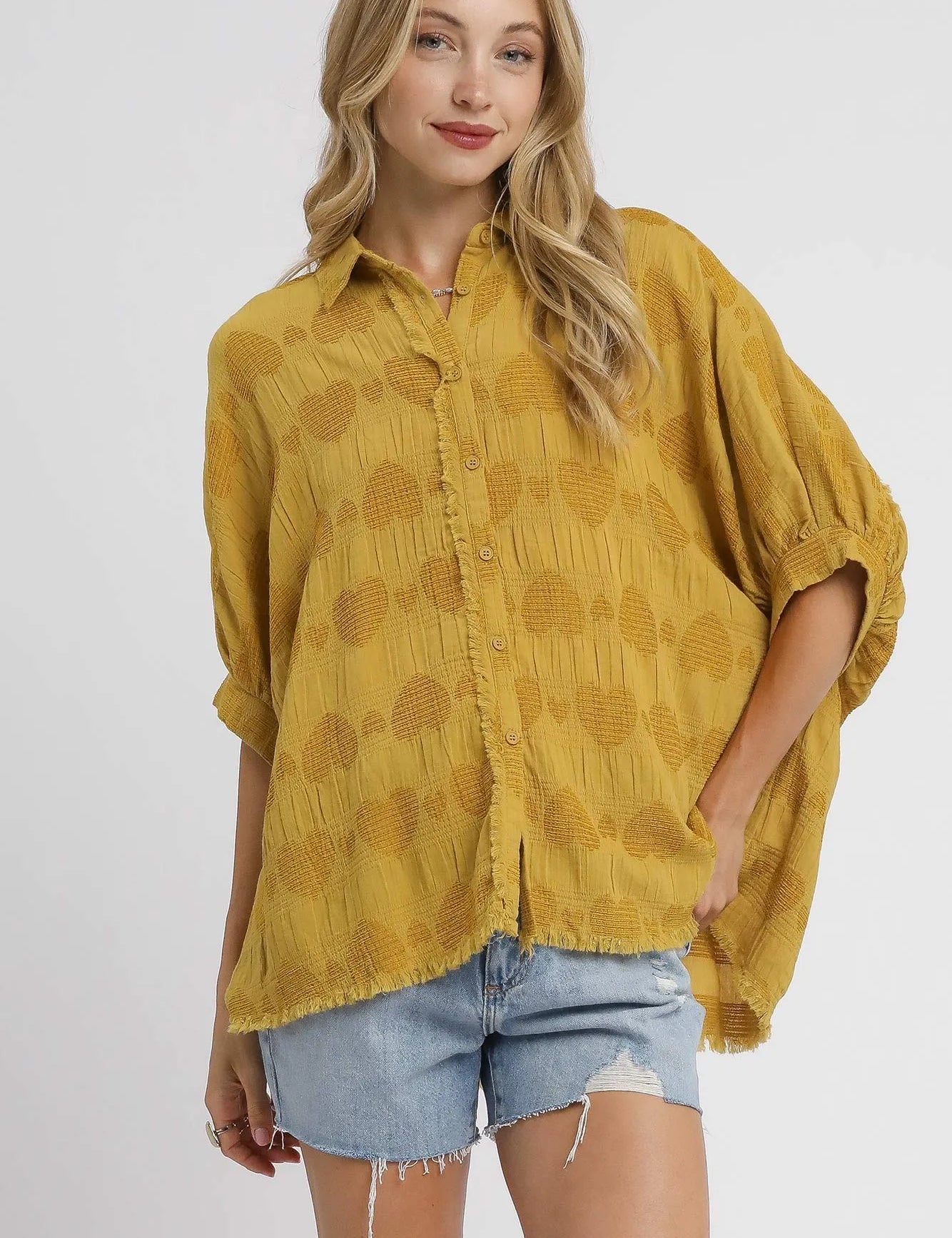 Umgee Jacquard Heart Collared Shirt | Shirts Daverri Fashions