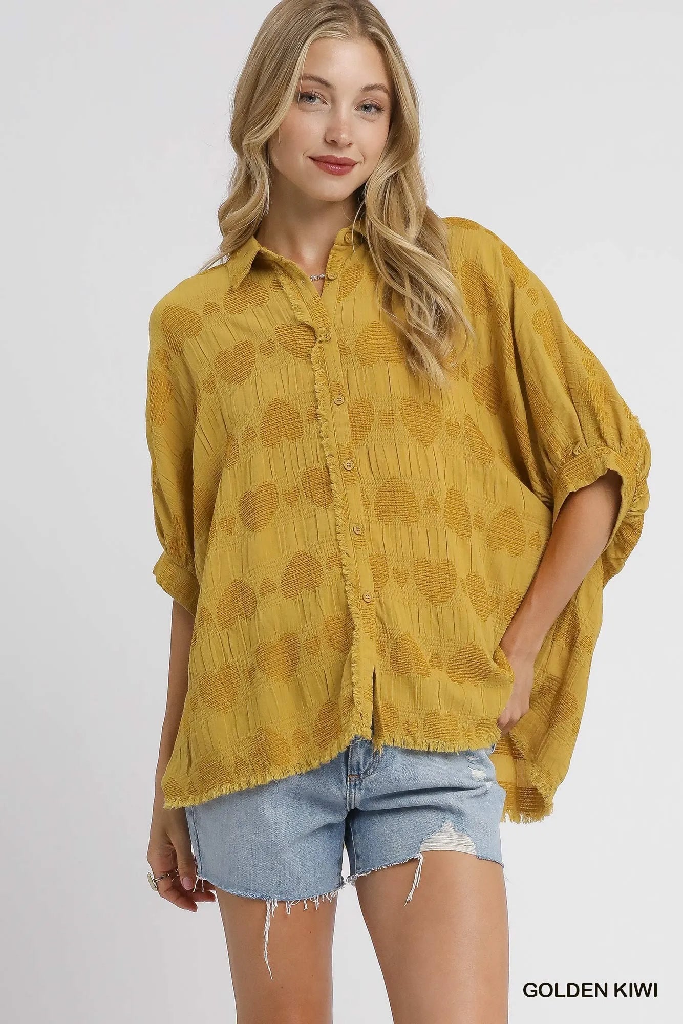 Umgee Jacquard Heart Collared Shirt Shirts